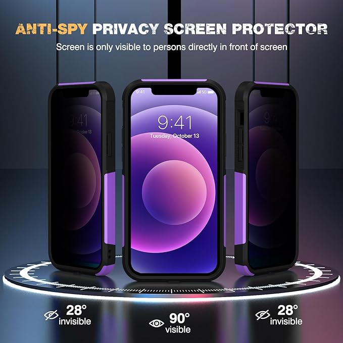 Diaclara Designed for iPhone 12 Case/iPhone 12 Pro Case, [with Privacy Screen Protector] [Anti Spy] [Military Grade Drop Protection] Heavy Duty Full-Body Shockproof Phone Case, Purple