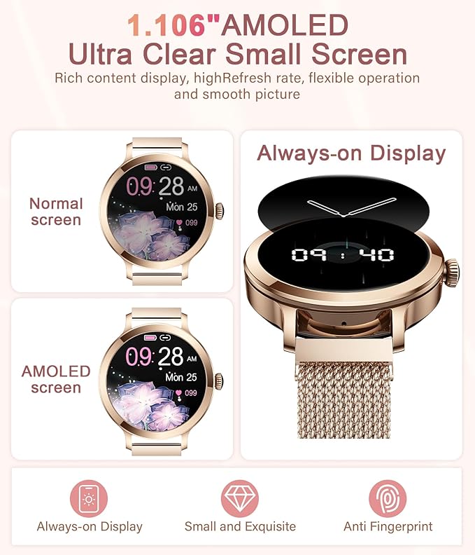 Smart Watches for Women, 1.106" AMOLED Small Screen Smartwatch Answer/Make Call for Android iOS Phones, IP68 Waterproof Fitness Activity Tracker with 100+ Sports, Heart Rate, SpO2, Rose Gold