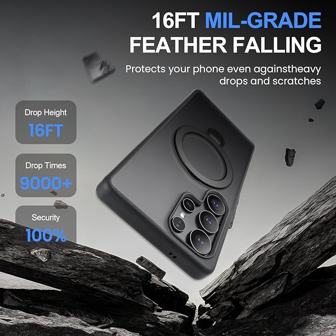 360° Rotatable Stand for Samsung Galaxy S25 Ultra Case Magnetic with Screen Protector X1 & Camera Lens Protector*1, Compatible with MagSafe, 16FT Mil-Grade Shockproof for S25 Ultra Case 6.9", Black