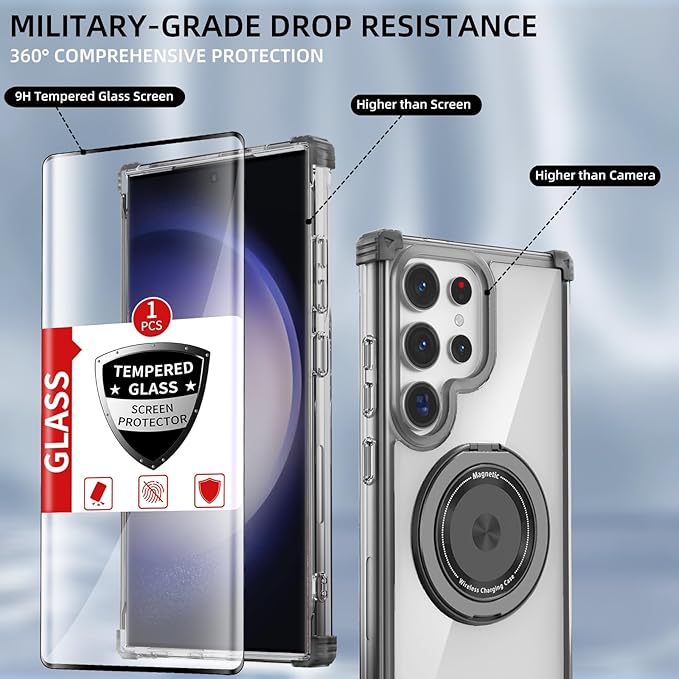for Samsung Galaxy S23 Ultra Case Compatible with Magnetic Wireless Charging with Screen Protectors, S23 Ultra Case Built-in Kickstand Ring Military Grade Drop Protection Shockproof Black