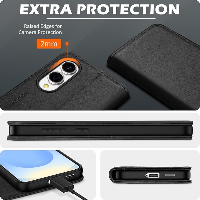 SHIELDON Case for Galaxy S25 Edge 6.7", Genuine Leather Folio Wallet Cover with Kickstand RFID Blocking Card Holder Magnetic Full Protective Case Compatible with Galaxy S25 Edge 2025 - Nappa Black