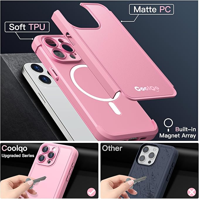 COOLQO Magnetic for iPhone 13 Pro Max Case, Compatible with MagSafe, Dual Layer Design Military Grade Protection, Translucent Matte Scratch-Resistant Back Protective Shockproof Phone Case, Pink