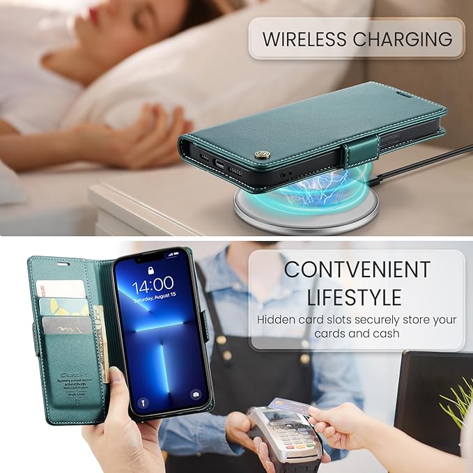 for iPhone 13 Pro Case, Premium PU Leather Wallet Case Flip Cover with [RFID Blocking][Card Holder][Stand Function] Shockproof Protective for iPhone 13 Pro 6.1 inch, Blue-Green