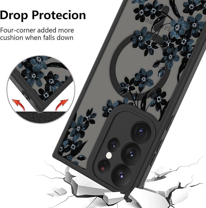 Fiyart Designed for Samsung Galaxy S22 Ultra Case Matte Flowers Design Compatible with MagSafe Wireless Charging,Cute Floral Anti-Scratch Translucent Phone Cover for Women Girls 6.8"-Black