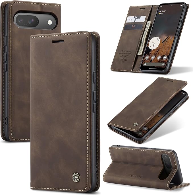 for Google Pixel 10 Pro/Pixel 10/Pixel 9/Pixel 9 Pro Case, Flip Wallet Leather Case with Card Holder Magnetic Closure Shockproof Kickstand Protective Phone Cases Cover, Coffee
