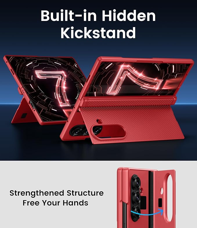 for Samsung Galaxy Z Fold 7 Case with Stand, Front Screen Protector, Hinge Protection, Slim & Rugged, Full Body Hard Cover, Drop Protective Phone Case for Samsung Z Fold 7 5g 2025, Vermilion Red