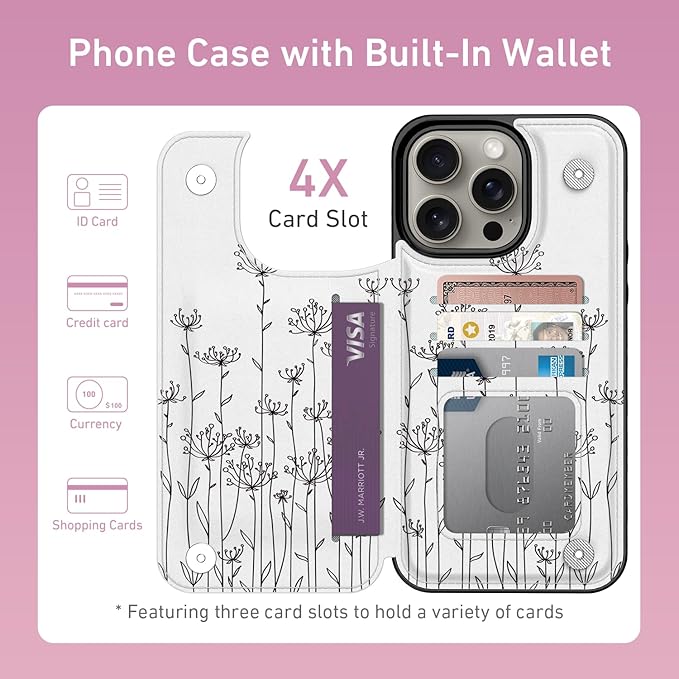 FUNMIKO for iPhone 13 Pro Max Wallet Case with Card Holder, RFID-Blocking, Military-Grade Protection & UV-Printed Artwork, Magnetic Closure with Leather Kickstand - Elegantly Sketched Flower