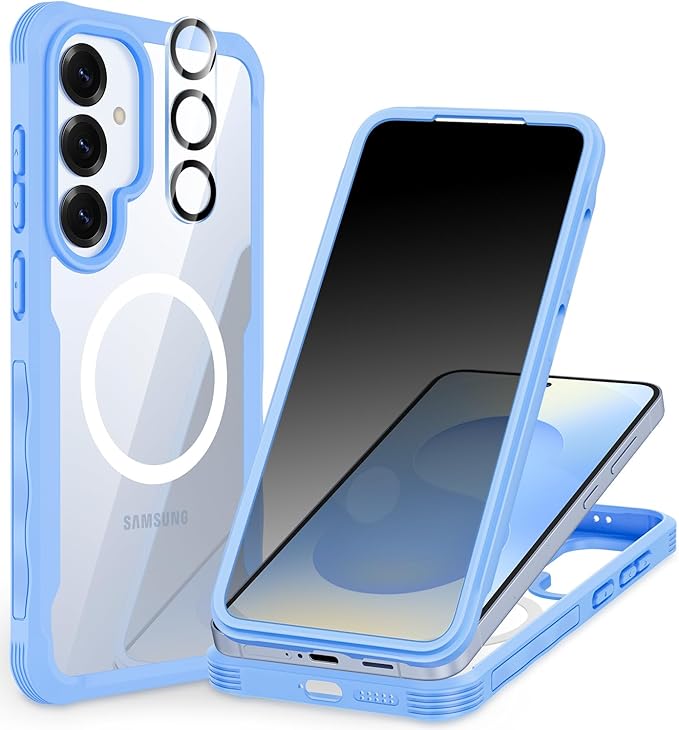 CENHUFO Magnetic Privacy for Samsung Galaxy S25 Case, Full Body Phone Case with Built-in 9H Tempered Glass Privacy Screen Protector and Camera Lens Cover, Shockproof Protective Bumper - Light Blue