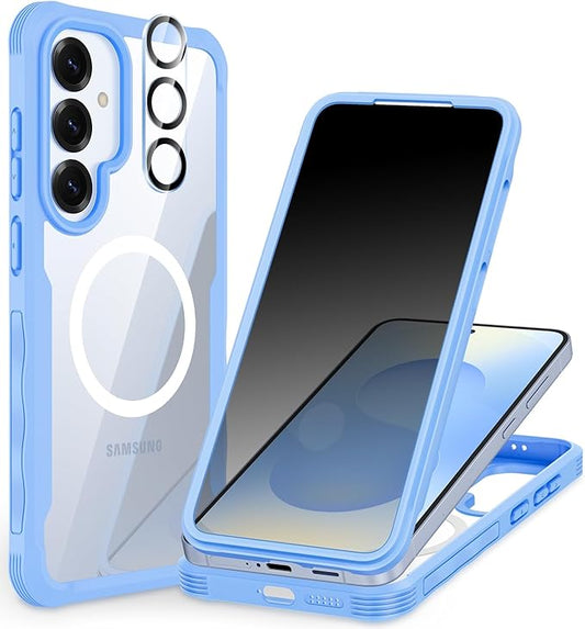 CENHUFO Magnetic Privacy for Samsung Galaxy S25 Case, Full Body Phone Case with Built-in 9H Tempered Glass Privacy Screen Protector and Camera Lens Cover, Shockproof Protective Bumper - Light Blue