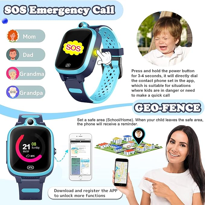 Kids 4G GPS smart watch for boy girl 3-15 years old Global Real-Time tracking watches Waterproof Cell Phone watch Child Video Chat Device SOS Alarm Camera Geo-Fence Pedometer Anti-Lost Tracker Locator