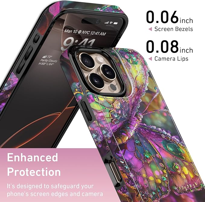 FUNMIKO for iPhone 16 Pro Max Wallet Case with Card Holder, RFID-Blocking, Military-Grade Protection & UV-Printed Artwork, Magnetic Closure with Leather Kickstand - Vibrant Elegant Butterfly