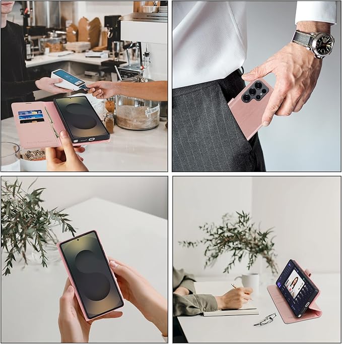 MONASAY Wallet Case Fit for Samsung Galaxy S25 Ultra 6.9 inch, [Lens & Glass Screen Protector Included] [RFID Blocking] Flip Folio Leather Cell Phone Cover with Credit Card Holder, Rosegold