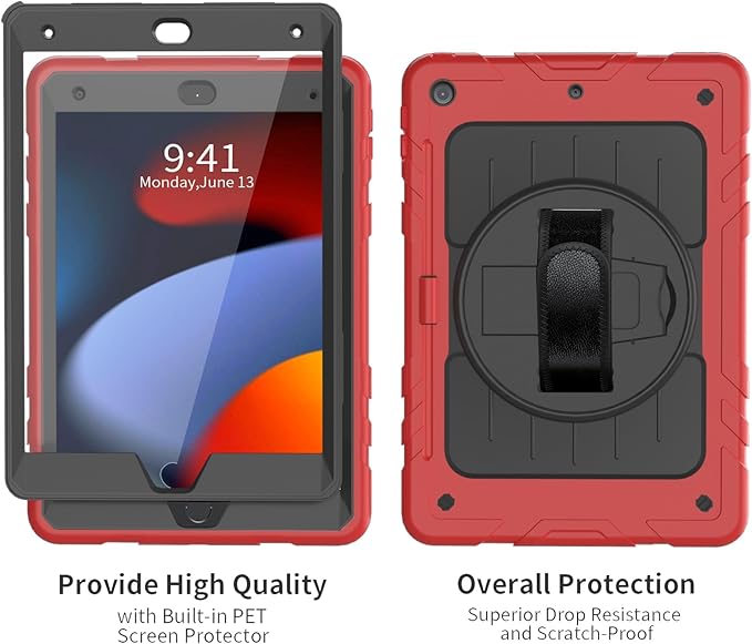 Case for iPad 9th/8th/7th Generation-Built-in Screen Protector,with Pencil Holder&360°Rotating Hand Strap,Shoulder Strap,Case for iPad 10.2 inch 2021-2019(Red/Black)