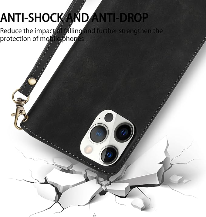 ZZXX for iPhone 14 Pro Max Case Wallet with [RFID Blocking] Card Slot Soft PU Leather Zipper Flip Folio with Wrist Strap Kickstand Protective Cover for iPhone 14 Pro Max Wallet Case(Black-6.7 inch)