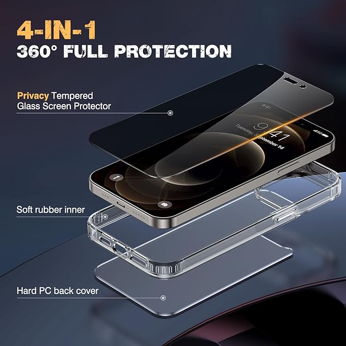 Diaclara Designed for iPhone 12 Pro Max Case, [with Privacy Screen Protector] [Anti Spy] [Military Grade Drop Protection] Heavy Duty Full-Body Shockproof Phone Case, Clear