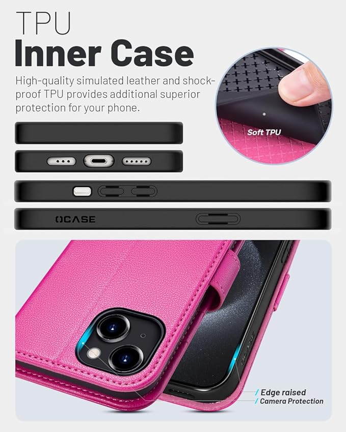 OCASE Compatible with iPhone 15 Wallet Case, PU Leather Flip Folio Case with Card Holders RFID Blocking Kickstand [Shockproof TPU Inner Shell] Phone Cover 6.1 Inch 2023, Rose