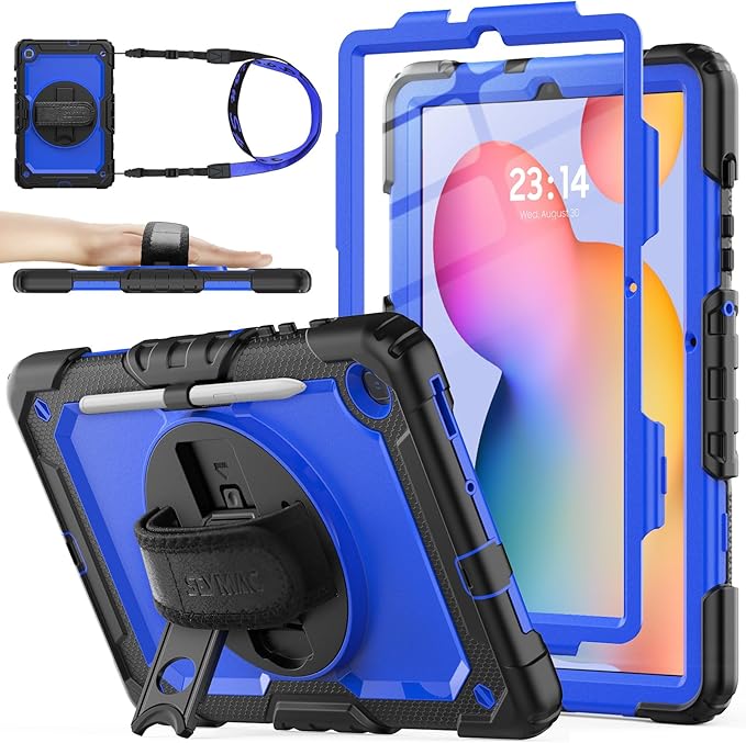 SEYMAC stock Case for Samsung Galaxy Tab S6 Lite 10.4’’ (2024-2020) with Screen Protector Pencil Holder [360° Rotating Hand Strap] &Stand, Drop-Proof Case for Galaxy Tab S6 Lite Tablet, Blue/Black