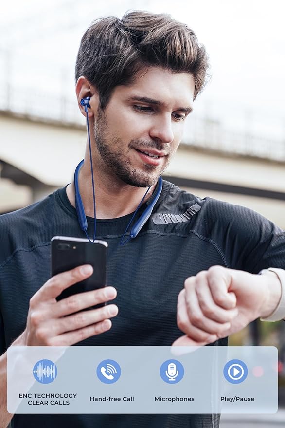 TONEMAC N8 Bluetooth Neckband Earbuds | 40Hrs Playtime Headphones, IPX6 Waterproof, Deep Bass Earphones, Clear Calls, Headset for Music, Sports, and Phone Calls Blue