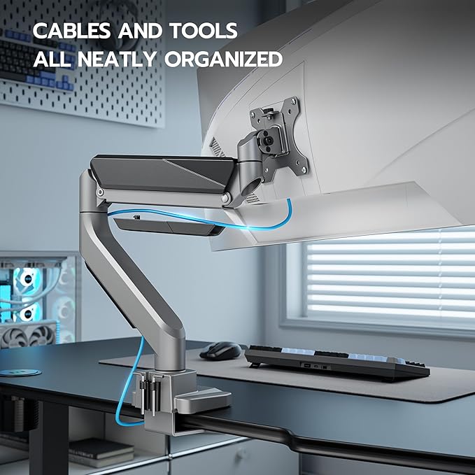 ARES WING Ultrawide Monitor Arm, Heavy Duty Single Monitor Mount for 13"-49" Curved Screens, Adjustable Stand for Desk with C-clamp & Grommet Base up to 40 LBS, Gray