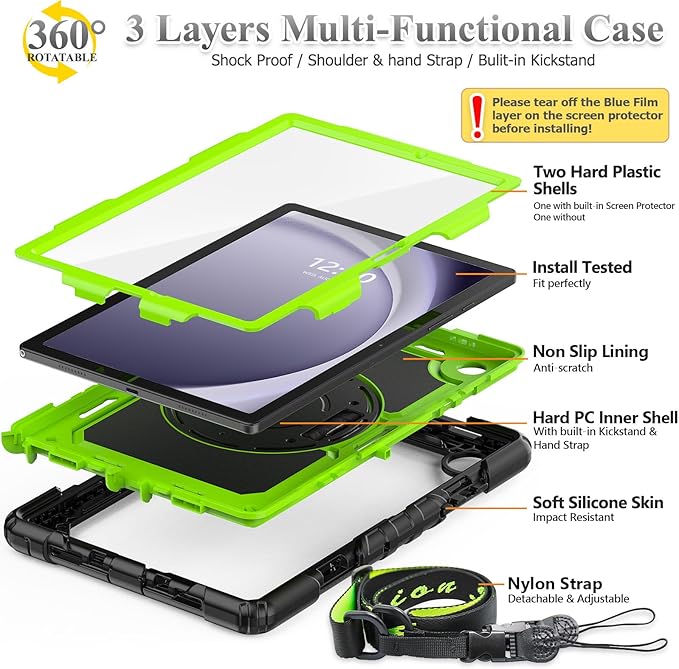 SEYMAC stock Case for Samsung Galaxy Tab A9 8.7'', Full-Body Drop Protection Case with Screen Protector Pencil Holder [360° Rotating Hand Strap] &Stand, Green+Black