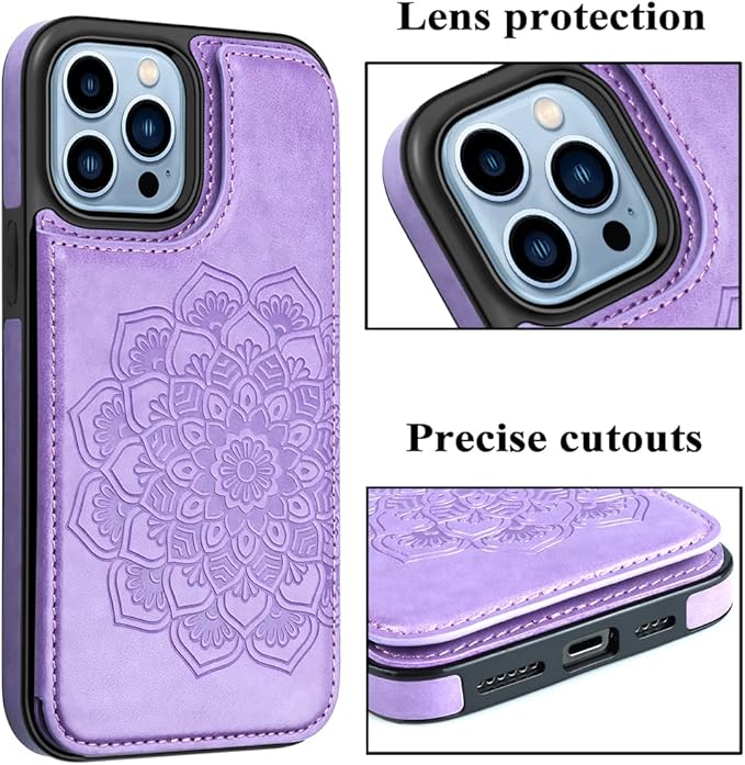 MMHUO for iPhone 14 Pro Max Case with Card Holder,Flower Magnetic Buttons Protective Wallet Case for Women for iPhone 14 Pro Max,Purple