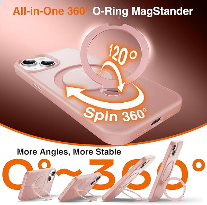 360° O-Ring MagStander for iPhone 13 Case, iPhone 14 Case with Magnetic Stand Ring Holder [Compatible with MagSafe][15FT Military Shockproof] Kickstand iPhone 13/14 Phone Cover Matte Pink