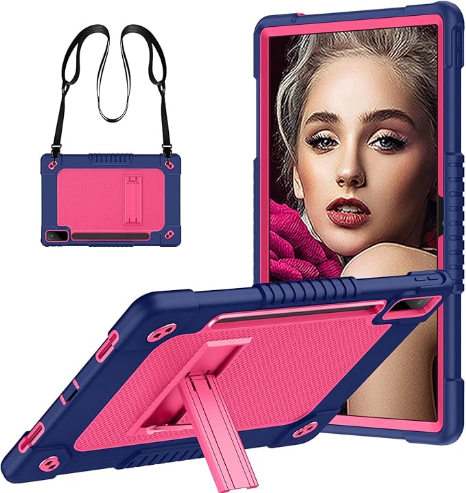 for Lenovo Tab P12 Case,for Lenovo Tab P12 12.7 Inch Tablet Case,Heavy Duty Kids Shockproof with Kickstand Shoulder Strap Cover for Lenovo Tab P12 2023/2024/Xiaoxin Pad Pro (Navy/Pink)