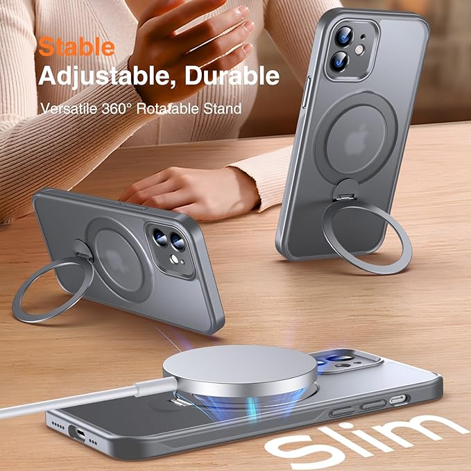 360° O-Ring MagStander for iPhone 12 Case, iPhone 12 Pro Case with Magnetic Stand Ring Holder [Compatible with MagSafe] [Military Shockproof] Kickstand iPhone 12/12 Pro Phone Cover Grey