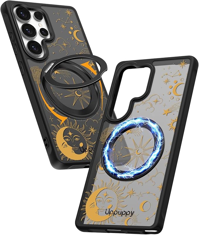 for Samsung Galaxy S25 Ultra Case with 360° Rotatable Magnetic Ring - Compatible with MagSafe, Semi-Transparent Soft-Touch Material Shockproof, Cute Sun Moon Star Design for Women Girl