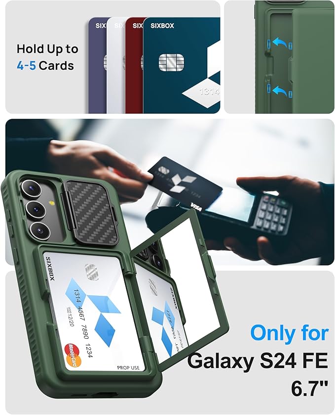 for Samsung Galaxy S24 Fe Case, Built-in Card Holder & Lens Cover & Kickstand, Military Grade Drop Tested Soft Silicone Edge Rugged Protective Wallet Phone Case for S24 Fe 6.7" 2024, Green