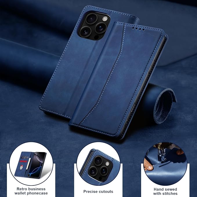 Jasonyu Flip Wallet Case for iPhone 16 Pro Max,Leather Magnetic Folio Cover with Card Holder,Kickstand - TPU Shockproof Durable Protective Phone Case,Blue