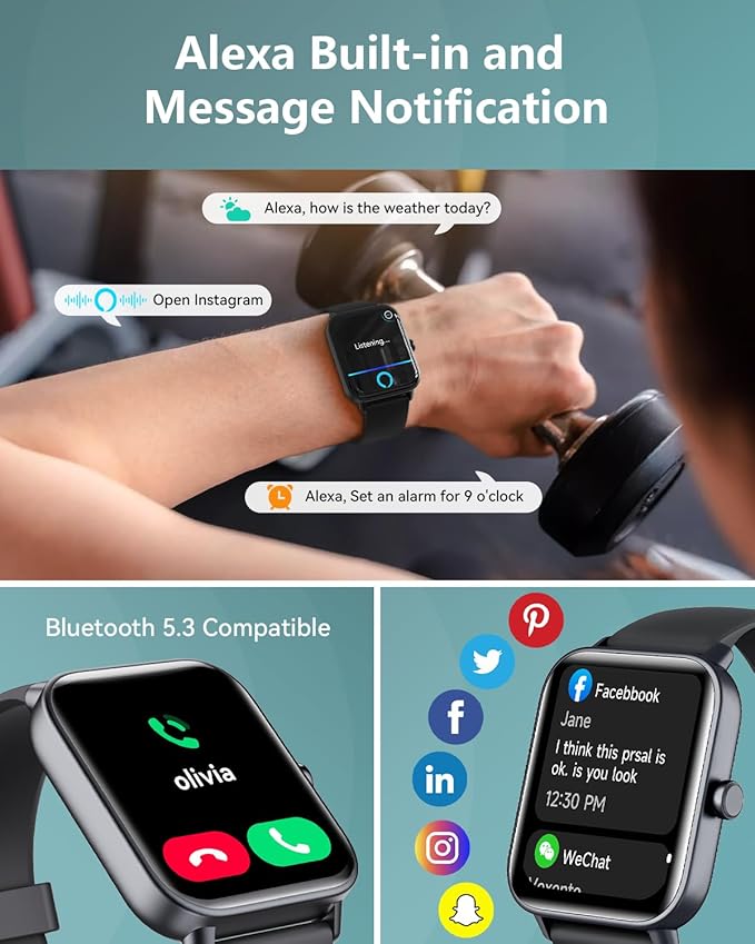 Smart Watches for Women/Men, Smart Watch for Android Phones and iPhone Compatible, Alexa Built-in, 1.8" Fitness Watches for Women, IP68 Waterproof/Bluetooth Call, Heart Rate/Sleep Monitor, Black