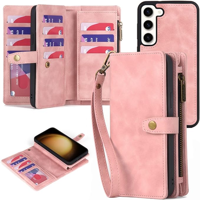 TwoHead for Samsung Galaxy S23 Wallet Case with Card Holder & Detachable Magnetic Phone Case for S23 6.1 inch,PU Leather Shockproof Protective Phone Case Wallet with Wrist Strap(Dream Pink)