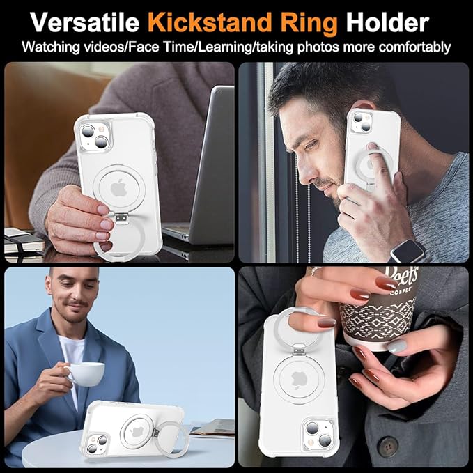 Magnetic Compatible with iPhone 14 Case with Stand [Military Grade Drop Tested][Compatible with Magnet] Ring Translucent Slim Hard Back Soft Edge, Frost White