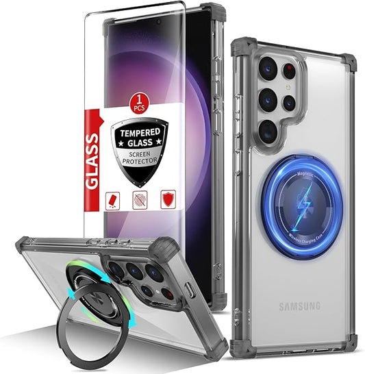 for Samsung Galaxy S23 Ultra Case Compatible with Magnetic Wireless Charging with Screen Protectors, S23 Ultra Case Built-in Kickstand Ring Military Grade Drop Protection Shockproof Black