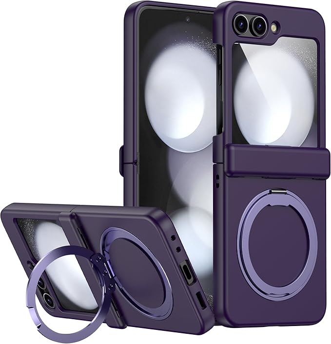Magnetic Case for Samsung Galaxy Z Flip 5 Compatible with Magsafe, Built-in Kickstand & TPU Hinge Protection Flip 5 Case, Matte PC Cover Ultra Shockproof Phone Case for Z Flip5 (Dark Purple)