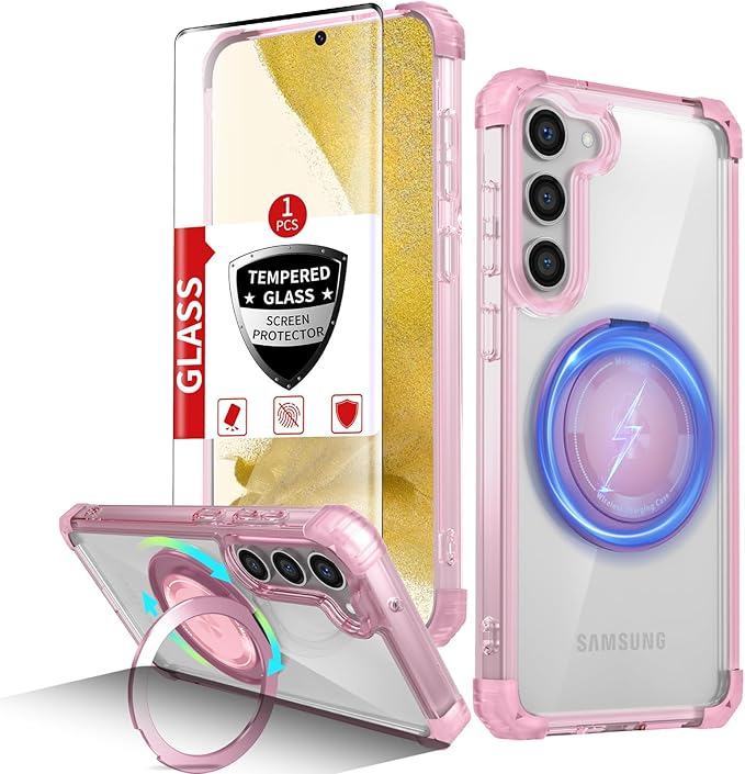 for Samsung Galaxy S22 Case Magnetic Compatible with MagSafe Wireless Charging,with 360°Kickstand Ring,for S22 Phone Case with Screen Protector, Military Grade Drop Protection Shockproof Pink