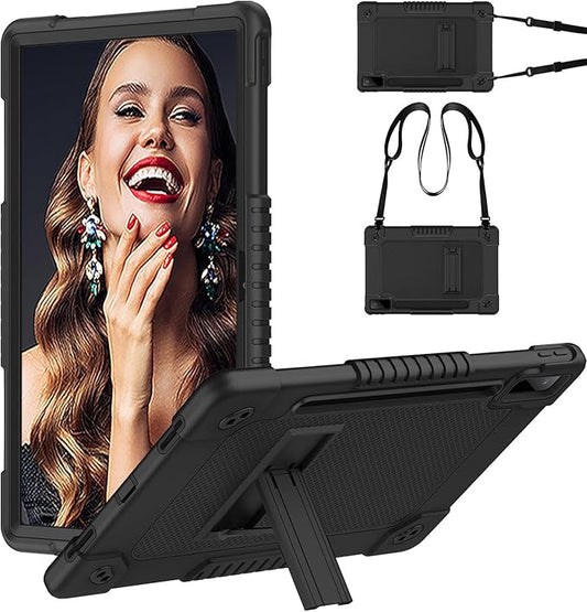 for Lenovo Tab P12 12.7 inch 2023 TB370FU Heavy Duty Cover with Kickstand Shoulder Strap Built in Pen Holder Kids Friendly Shell Case for Lenovo Tab P12 / Lenovo Xiaoxin Pad Pro 12.7" (Black)