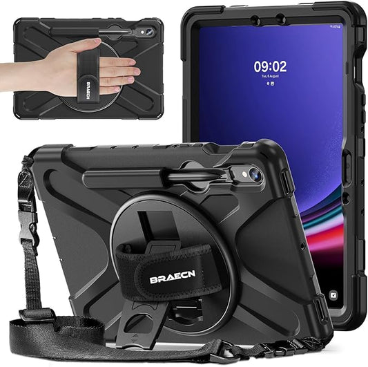 BRAECNstock for Samsung Galaxy Tab S10 Lite/ S10 FE/ S9 FE/ S9/ S8/ S7 5G Case 10.9"/11", Shockproof Protective Case with Pencil Holder, 360° Rotating Hand Strap & Stand, Shoulder Strap, Black