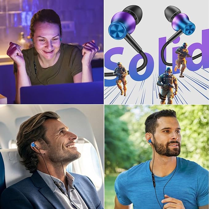 Jiunai 3.5mm Wired Earbuds Headphones School in Ear Built-in Mic Track Control Magnetic Noise Isolated Stereo S M L Ear Tips Tangle Free Earphone for iPhone iPad Android Tablet Travel Gradient Purple