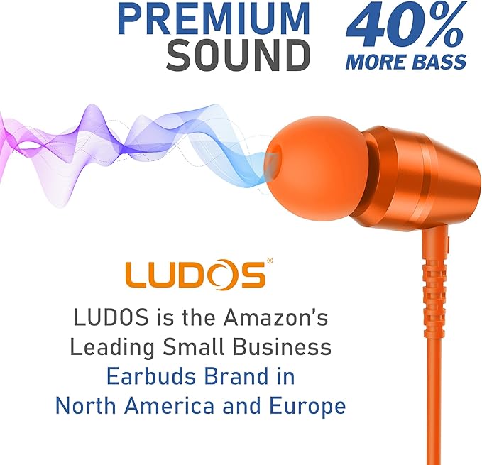 LUDOS OMNITONE Wired Earbuds in-Ear Headphones, 5 Years Warranty, Earphones with Microphone, 3.5 mm Jack Corded Ear Buds, Videoconference for iPhone, Samsung, Laptop, Kids, School Students - Orange