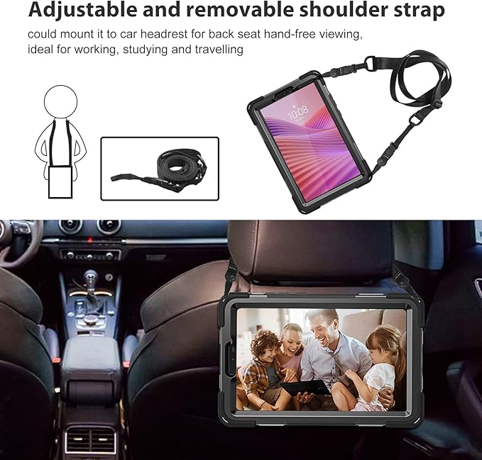 ProCase Rugged Case for Lenovo Tab One/K9 8.7 Inch 2025, Heavy Duty Shockproof Rugged Protective Cover Rotating Kickstand with Handle Holder Shoulder Strap for Lenovo Tab One/K9 -Black
