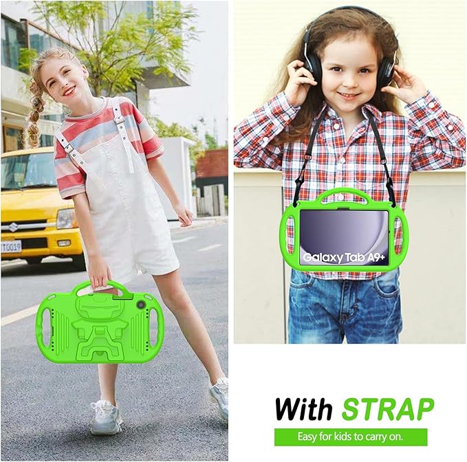AVAWO Kids Case for Samsung Galaxy Tab A9+/A9 Plus 11 Inch 2023 Case, with Strap, Shockproof Lightweight Handle Stand 2023 Model (SM-X210/X216/X218) with Lanyard, Green