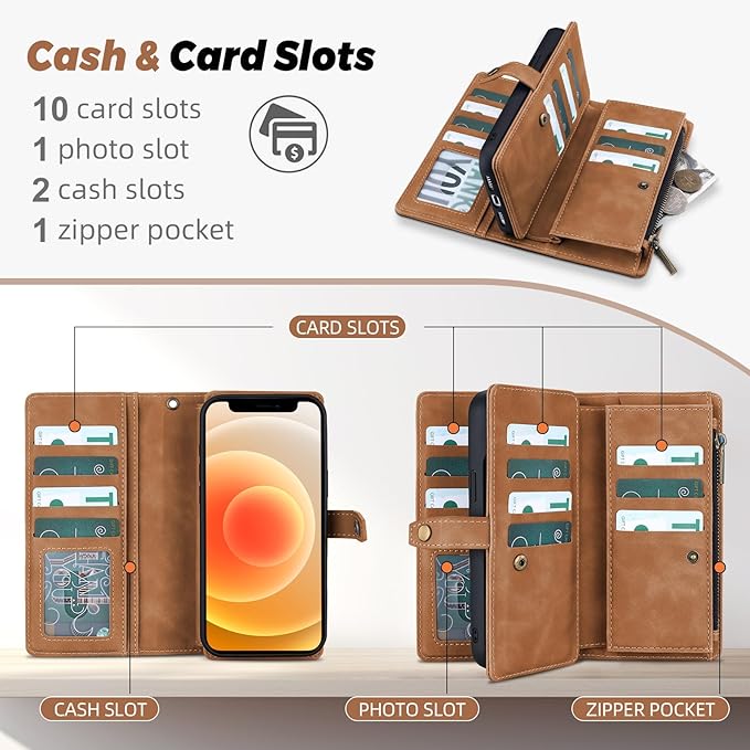 TwoHead for iPhone 12/12 Pro Wallet Case with Card Holder & Detachable Magnetic Phone Case,Leather All-Round Protection Phone Case for Women/Men,6.1IN,Brown