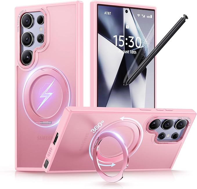QTlier for Samsung Galaxy S24 Ultra - 360 Rotatable Magnetic Ring Stand Case, Military-Grade Protection, Raised Camera Frame, Pink