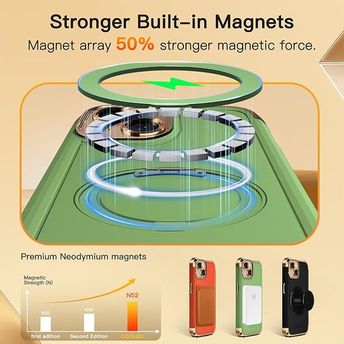 COOLQO for iPhone 15 Plus Case 6.7'' Upgraded 360° Spin Magnetic Stand [Compatible with Magsafe][Military Protection] Shockproof Protective Phone Holder Cover for iPhone 15 Plus, Matcha Gold