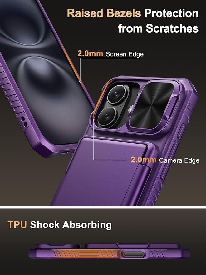 Vihibii for iPhone 16 Case Wallet with Card Holder (4 Cards) [RFID Blocking] & Slide Camera Cover, Military Grade Drop Protection, Hard Back & Silicone Edge Phone Cover, 6.1" 2024, Dark Purple