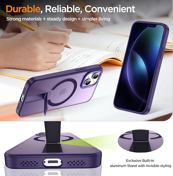 for iPhone 13 Case with Kickstand, [Invisible Stand] Compatible with MagSafe, Anti-Slip Shockproof Military-Grade Protection, Magnetic Slim Translucent Phone Case for iPhone 13 (Purple)