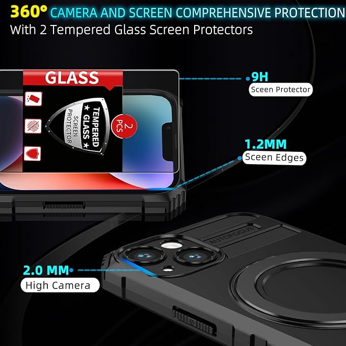 Magnetic for iPhone 14 Case [ Compatible with MagSafe Wireless Charging ] for 14 Case with 2 Screen Protectors,Built-in Kickstand Ring,Military Grade Shockproof Heavy Duty Protection,Black