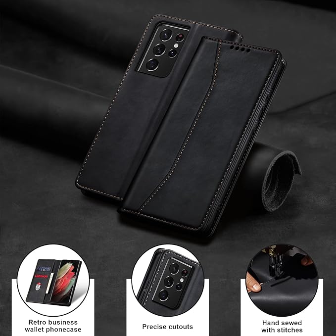 Jasonyu Flip Wallet Case for Samsung Galaxy S21 Ultra 5G,Leather Magnetic Folio Cover with Card Holder,Kickstand - TPU Shockproof Durable Protective Phone Case,Black